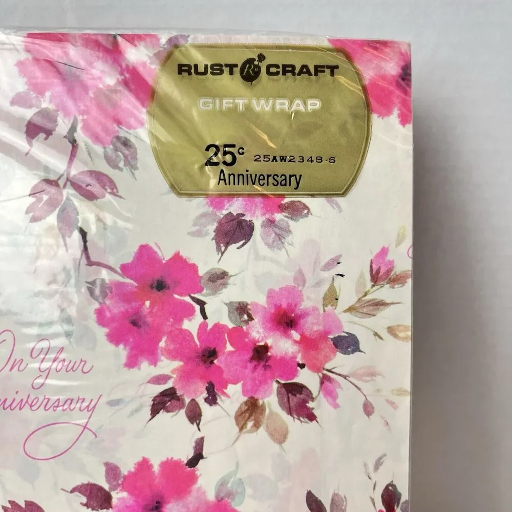 Vintage Rust Craft Anniversary Gift Wrap Pink Floral 2 Sheets 8 Sq Ft Total